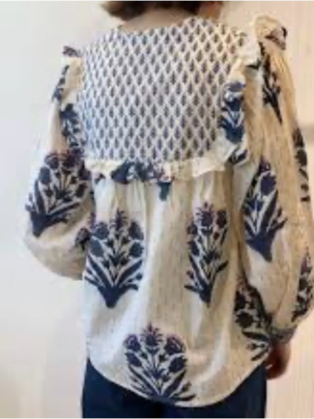 Embroidered Cream Peasant Blouse with Navy Floral Print - Picture 3 of 8